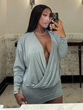 Sexy Ruched Dress Women Deep V-Neck Elegant Peach Hip Full Sleeve Spring Fashion Party Clubwear Skinny Mini Bodycon