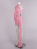 Pink Turtleneck Sleeveless Sexy Mini Dress For Women Fashion Irregular Folds Short Dress Femme Elegant Club Party Dress