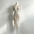 2026 New Crystal Tassel See Through Mesh Stretch Long Dress Sexy Banquet Dance Party Irregular Dress