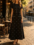 Elegant Beaded Two Piece Set for Women Round Neck Short Sleeve Cropped Top A Line Maxi Skirt for Office Daily Party Suit