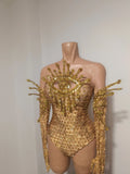 Sexy Sparkly Golden Rhinestones Eyes Stretch Bodysuit Women Eveing Birthday Party Nightclub Bar Singer Dancer DJ Stage Costume
