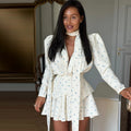 Elegant Women's Printed Waistband Long Dress 3D Flower V-neck Bubble Sleeve Patchwork A-line Dresses 2026 Spring Party Robe