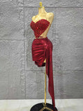 Glamorous Sparkly Red Diamonds Sexy Tops Skirt 2 PCS Set 2025 Women Celebrate Party Birthday NightClub Performance Stage Outfit