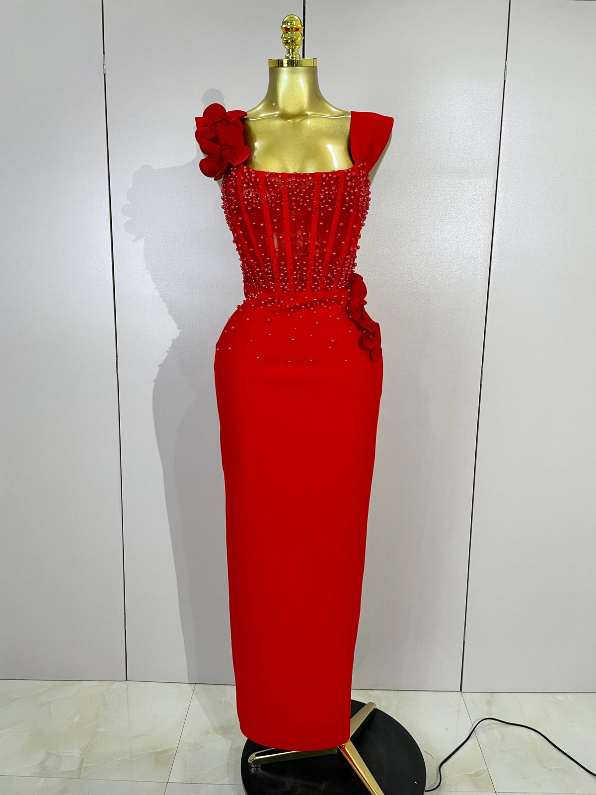 Women Red 3D Floral Beading Pearl Sexy Sleeveless Bodycon Long Bandage Dress Elegant Club Party Birthday Wedding Prom Wear