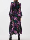 Elegant Floral Printing Long Dressess For Women Stand Collar Lantern High Waist Spliceed Rivet Hollow Out Dress Female New