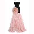Women'S Sexy Strapless Bandage Slim Long Dress With Floral Decoration Layered Ruffle Edge Patchwork Dress Wedding Party