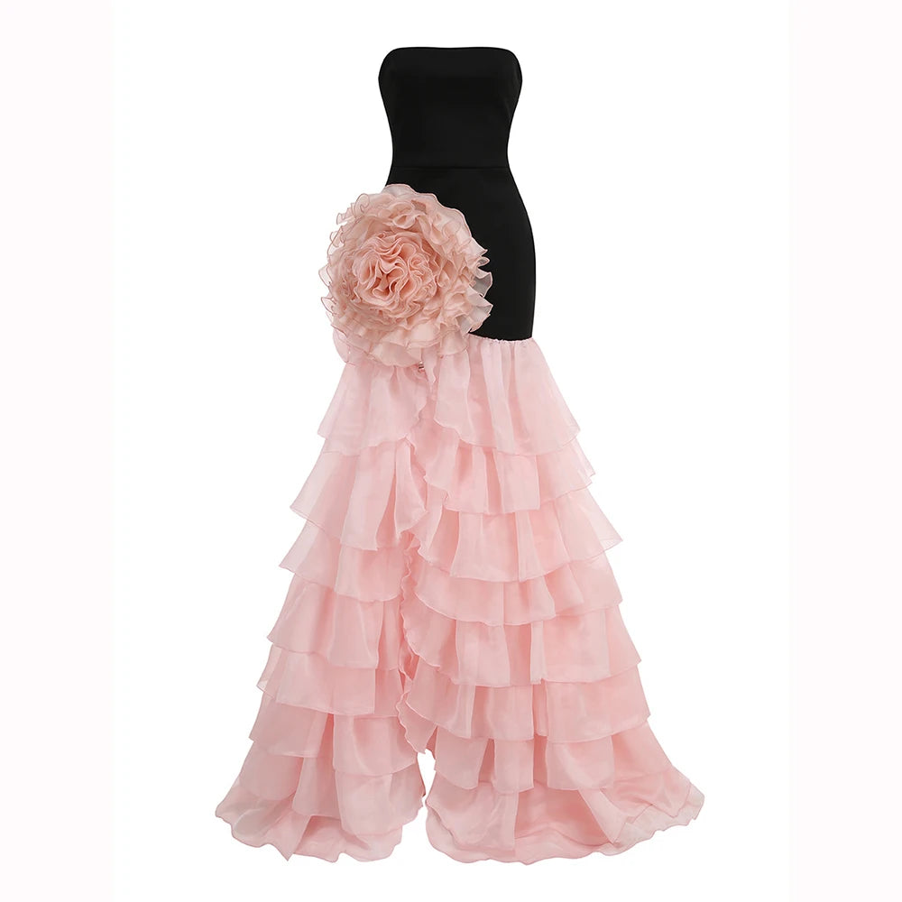 Women'S Sexy Strapless Bandage Slim Long Dress With Floral Decoration Layered Ruffle Edge Patchwork Dress Wedding Party