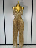 Women Sparkly Glod Rhinestones Sequined Fringe Jumpsuit Sexy Nightclub Party Birthday Outfit Show Singer Stage Perform Costume