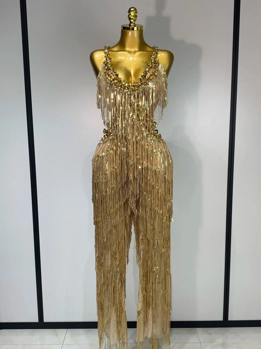 Women Sparkly Glod Rhinestones Sequined Fringe Jumpsuit Sexy Nightclub Party Birthday Outfit Show Singer Stage Perform Costume