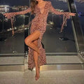 Sexy Chiffon Leopard Printing Dress for Women V Neck Long Sleeve Patchwork Lace Up Split Evening Club Maxi Dresses