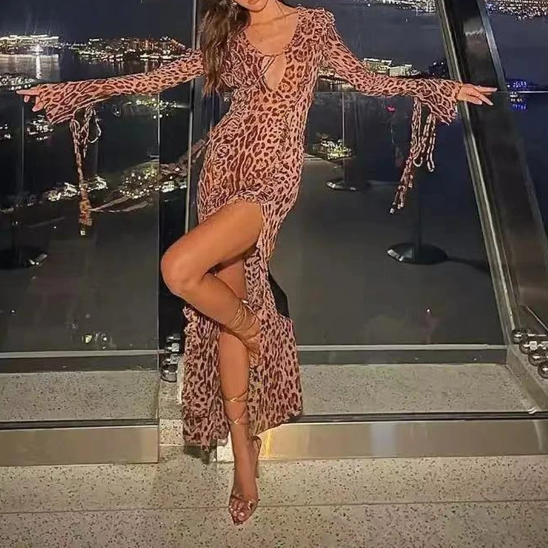 Sexy Chiffon Leopard Printing Dress for Women V Neck Long Sleeve Patchwork Lace Up Split Evening Club Maxi Dresses