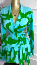 Women Tie Dye Print Flare Long Sleeve Wrap V-neck with Sashes Ruffle Dress 2026 Elegant Vacation Party Birthday Dresses