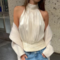 High End Sexy Shiny Fabric Halter Neck Vest Female Sleeveless Ruched Design Backless Tank Top for Chic Daily Outing