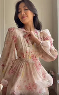 Elegant Printed Mini Dresses Women Chic Waist-cinching V-neck Puff Long Sleeve Aline Dress Fashion New Holiday Robes Summer 2026