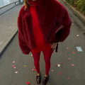 Women Fur Coat Women 2025 Plush Red Bomber Jacket Solid Crop Long Sleeve Jacket Warm Winter Coats Female Casual Coats