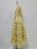 Elegant Spliced Tiered Ruffles Dress for Women O Neck Sleeveless Patchwork Lace Up Slim Formal Evening Puff Dresses Female