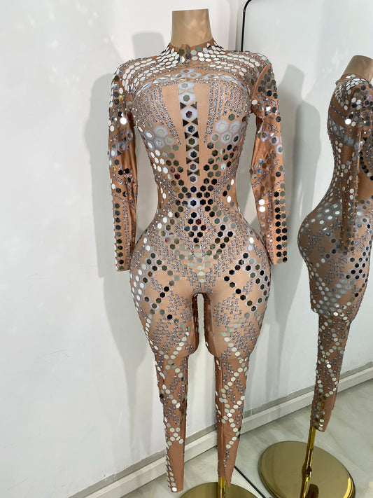 Women Sexy Spandex Tight Jumpsuit Long Sleeve Mirrors Cosplay Costume Nightclub Dancer Outfit Performance Stage Wear
