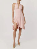 Vacation Pink Backless Mini Dress Female Plunge Neck Sleeveless Slimming Asymmetrical Hem for Urban Street Style