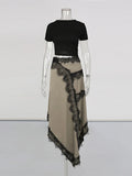 Hit Color Irregular Lace Midi Dress for Women O Neck Short Sleeves Cut Out Waist Lace Trim Skirt for Stylish Party