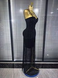 4 Colors Women Sexy Strap Shining Beading Long Tassles Bodycon Long Bandage Dress Elegant Evening Party Celebrate Birthday Wear