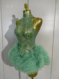 Women Birthday Party Costume Bar Nightclub Singer Sexy Stage Performance Outfit Sparkly Green Diamonds Mesh See Through Bodysuit