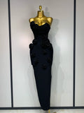 Newest Women Sexy Strapless Backless Red Flower Midi Bandage Dress Celebirty Elegant Evening Club Party Birthday Dresses