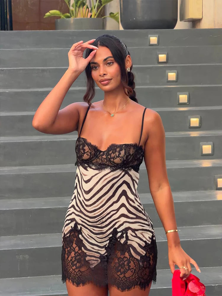 Camisoles Zebra Prints Lace Patchwork Women Dresses Party Outfits Female Sexy Club Skinny Bodycon Sheer Chic Trendy