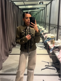 Women Woven Patchwork Napoleon Jacket Shoulder Pad Long Sleeve Hook Closure Street Blazer 2026 Spring Chic Casual Edgy Crop Coat