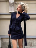 Elegant Pinstripe Skirt Suit Women V Neck Peplum Blazer Mini Skirt Set With Tie Neck Scarf Lady Office Business 2 Piece Outfit