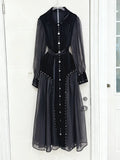 Elegant Patchwork Beading Formal Party Dresses for Women O Neck Long Sleeve Spliced Sheer Mesh Midi Dress Female Clothing