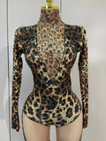 Sexy Sparkly Diamonds Leopard Print Bodycon Stretch Jumpsuit Women Eveing Party Nightclub Singer Dancer Stage Performance Outfit