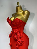 Newest Women Sexy Strapless Backless Red Flower Midi Bandage Dress Celebirty Elegant Evening Club Party Birthday Dresses