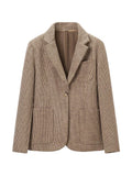 Vintage Notched Collar Blazer Women Single Button Long Sleeve Patch Pocket Check Coats Luxury Winter Fall Elegant Outerwear