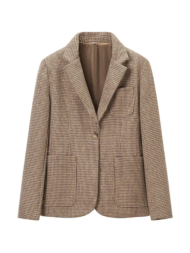 Vintage Notched Collar Blazer Women Single Button Long Sleeve Patch Pocket Check Coats Luxury Winter Fall Elegant Outerwear