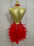 Women Sexy Celebrate Birthday Dress Luxury Rhinestones Pearls Feathers Halter Backless Short Dress Nightclub Bar Stage Costume
