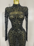 New Sexy Sparkling Red Crystals Feathers Long Sleeve Mermaid Maxi Dress Women Wedding Celebrate Luxury Birthday Party Prom Gown