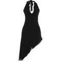 Sexy Tassel Patchwork Dress Women Fashion Halter Bandages Irregular Hem Deep V-Neck Simple Elegant Party Club Bodycon