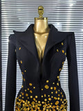 Handmake Women Long Sleeve Golden Beading Deep V-Neck Bodycon Mini Dress Celebrate Birthday Photo Shoot Performance Costume