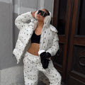Women Floral Print Hooded Puffer Snow Suit Two Piece Outfit Thick Warm Winter Windproof Ski Jacket Wide Leg Pants Set Outdoor
