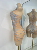 Women's Sparkly Birthday Mini Dress Crystals Diamonds Mesh Evening Party Gowns Performance Costume Stage Outfit Club Vestidos