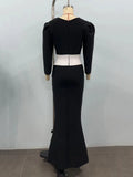 Women Celebrity Sexy Long Sleeve Patchwork Black Maxi Long Bodycon Bandage Dress 2024 Elegant Evening Club Party Outfit
