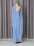 Light Blue Ruched Bodycon Mermaid Maxi Dress for Women for Cape Sleeve Design Draped Skirt for Red Carpet Award Ceremonies