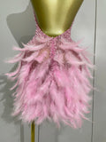 Women Sexy Celebrate Birthday Dress Luxury Rhinestones Pearls Feathers Halter Backless Short Dress Nightclub Bar Stage Costume