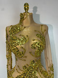 Women Sexy Long Sleeve Gold Rhinestone Dress Luxury Birthday Party Costume Bar Nightclub Celebrity Stage Performance Outfit