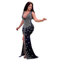 Elegant Diamond Sheer Mesh High Split Floor Length Long Dress Women Chic Prom Vestidos Sexy Backless Party Club Dresses