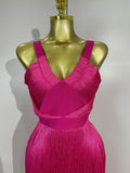 Sexy V-Neck Sleeveless Tassel Bodycon Bandage Dress Women Celebrity Elegant Nightclub Evening Party Birthday Wedding Guest Dress