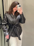 Women's Chic Lapel Oversized PU Leather Jacket Casual Full Sleeve Drop Shoulder Belted Coat Lady 2026 Spring Chic Streetwear