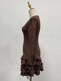 Solid Slimming Spliced Bows Dresses for Women Round Neck Long Sleeves Patchwork Ruffles Fold Dress Female Clothing