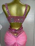 Luxury Birthday Evening Party Set Sparkly Rhinestone Pink Sexy Sleeveless Long Dress Two Pieces Nightclub Party Club Stage Wear