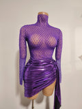 Women Purple Rhinestone Mesh Short skirt  High Neck Long Sleeve With Metallic Ruched Mini Skirt dinner party Cocktail Costume